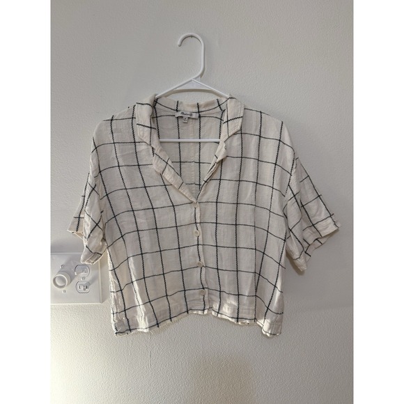 Madewell Tops - Madewell‎ Windowpane Linen Blend Resort Cropped Shirt Women's Size M